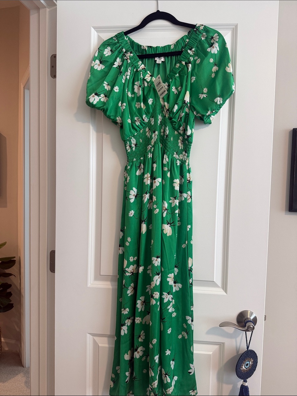 ON 34th Green Satin Floral Midi Dress with Puff Sleeves